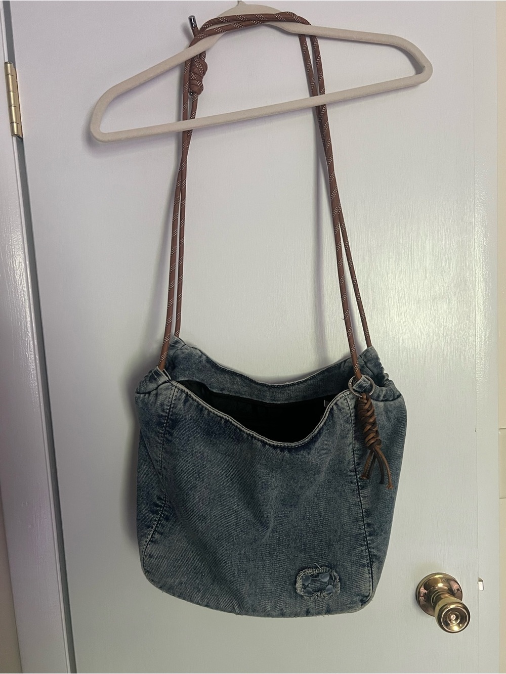 Unique Denim Shoulder Bag with Brown Cord Strap